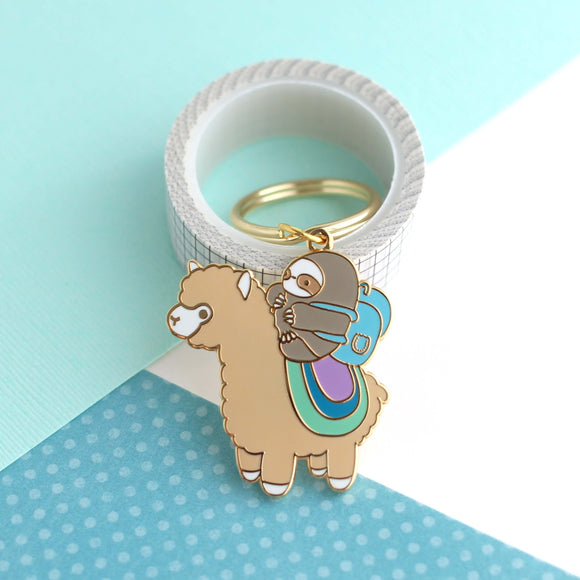 Sloth and Alpaca Adventurer Enamel Keychain (Gold)