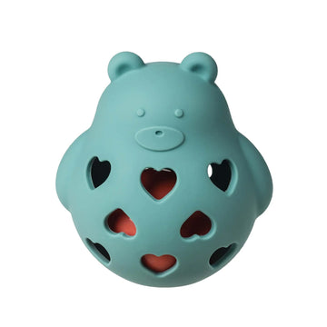 Simply Silicone Rattle - Teddy - Teal silicone teddy rattle with heart-shaped cutouts, handmade Canadian baby gift.