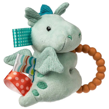 Taggies Teether Rattle - Drax Dragon - Handmade Canadian Taggies Teether Rattle in light blue dragon design with colorful fabric tags and wooden bead ring gift.