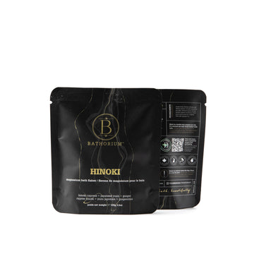 Hinoki Magnesium Flake Soak 100g (1 bath) - Black matte resealable pouch of Bathorium Hinoki Magnesium Flake Soak with gold and white text, unique handmade Canadian spa .