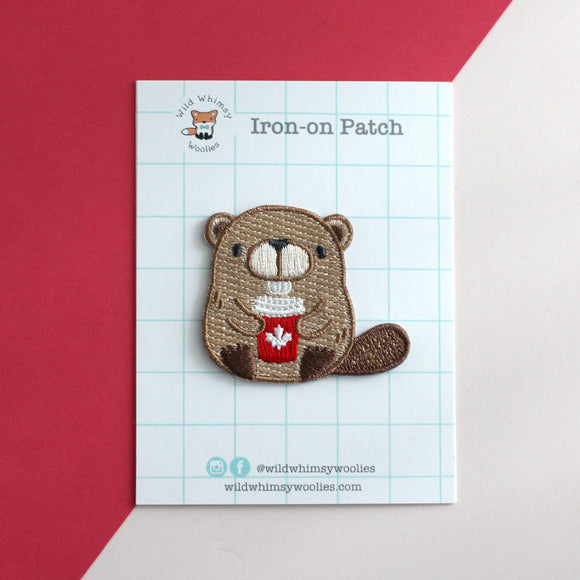Beaver with Red Coffee Cup Embroidered Patch