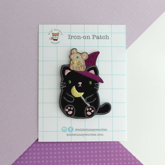 Witch Black Cat w/ Mouse Familiar Embroidered Iron on Patch