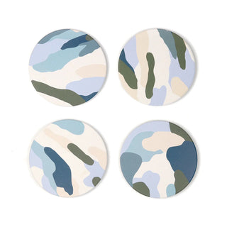 Set of 4 coasters with a camo print with the colours dark blue, cream, olive green and light blue