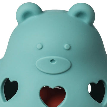 Simply Silicone Rattle - Teddy - Blue silicone baby rattle shaped like a teddy bear with heart-shaped cutouts and simple facial features.