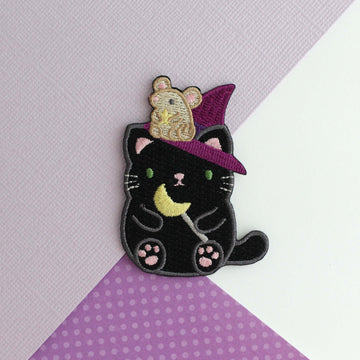 Witch Black Cat w/ Mouse Familiar Embroidered Iron on Patch