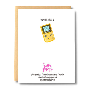 All The Things You Loved Are Now Vintage Game Pal Card - Handmade Canadian greeting card with vintage yellow handheld game console illustration, unique gift design.