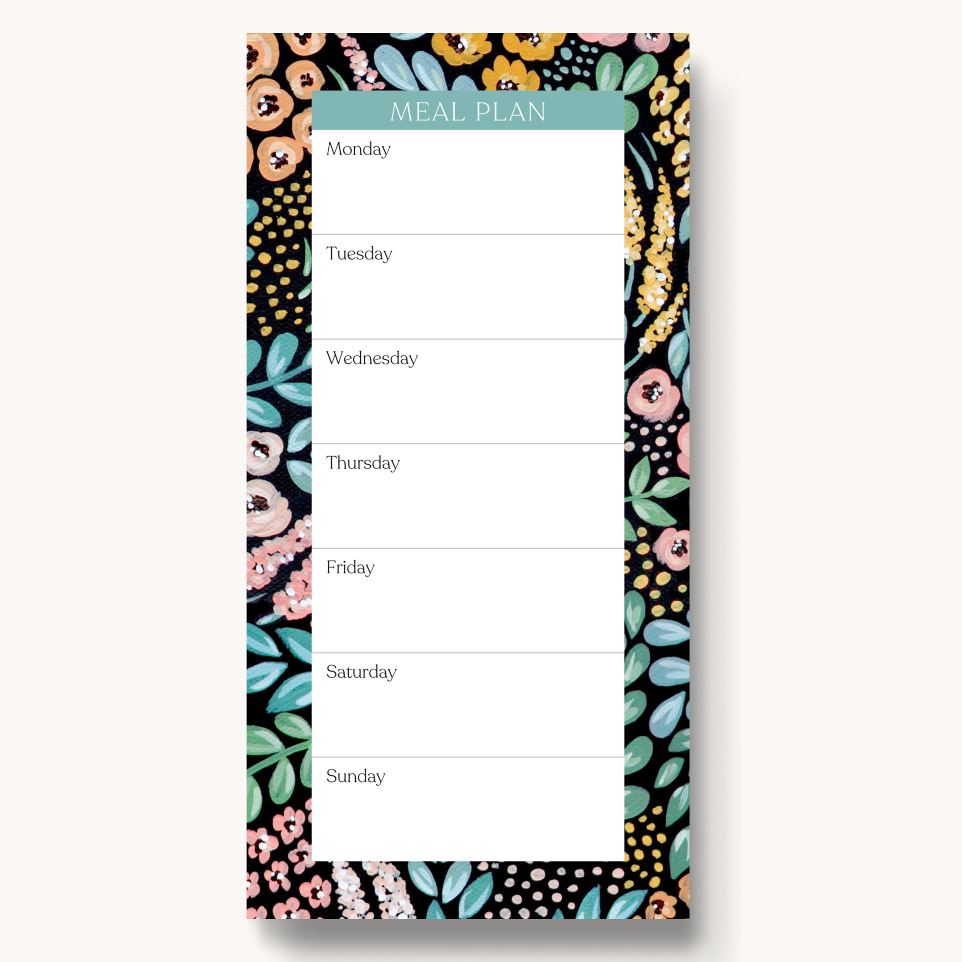 Black Floral Magnetic Meal Plan Notepad