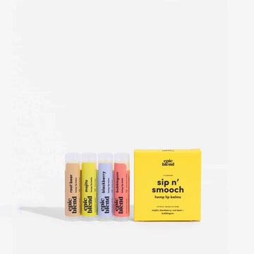 Sip n' Smooch Hemp Lip Balm 4-Pack Kit/Bundle - Set of four colorful handmade hemp lip balms with a bright yellow Canadian gift box labeled Sip n' Smooch.