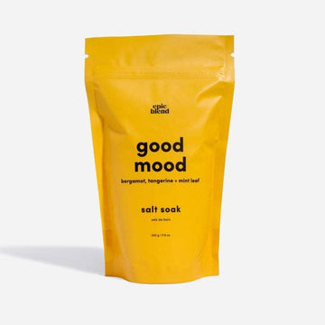 Good Mood Bath Salt Soak - Bright yellow Good Mood bath salt soak pouch with minimalist black text, unique Canadian handmade gift.