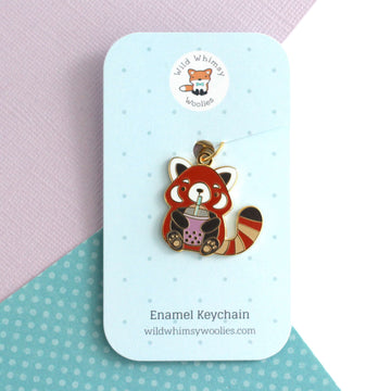 Bubble Tea Red Panda Enamel Keychain - 0