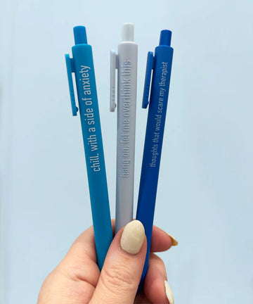 Anxious Overthinker Pens - Set of three unique handmade Canadian pens with witty anxiety-related phrases in blue and white, perfect gift.