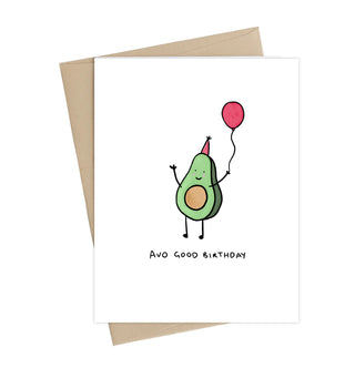A white card with a brown envelope and an illustrated avocado in the middle holding a red balloon and wearing a red party hat. Underneath reads, 