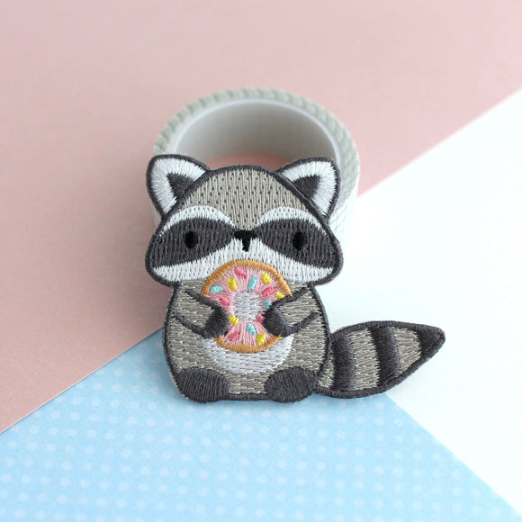 Raccoon Holding Donut Embroidered Patch