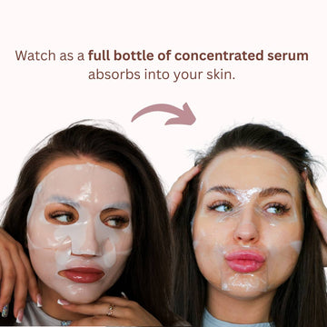 Collagen Melting Mask | Hydrogel Mask - Two women wearing translucent white hydrogel face masks with a smooth, glossy texture applying concentrated serum to their.