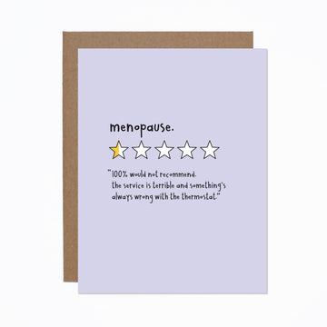 Menopause Review Card - Purple greeting card with humorous menopause review and star rating, handmade Canadian gift.