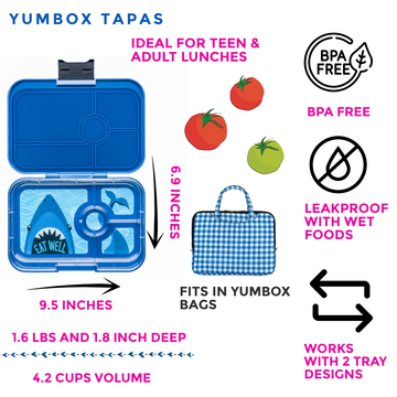 Leakproof Yumbox Tapas Bento Lunch Box - Monte Carlo Blue with Shark Tray - 0