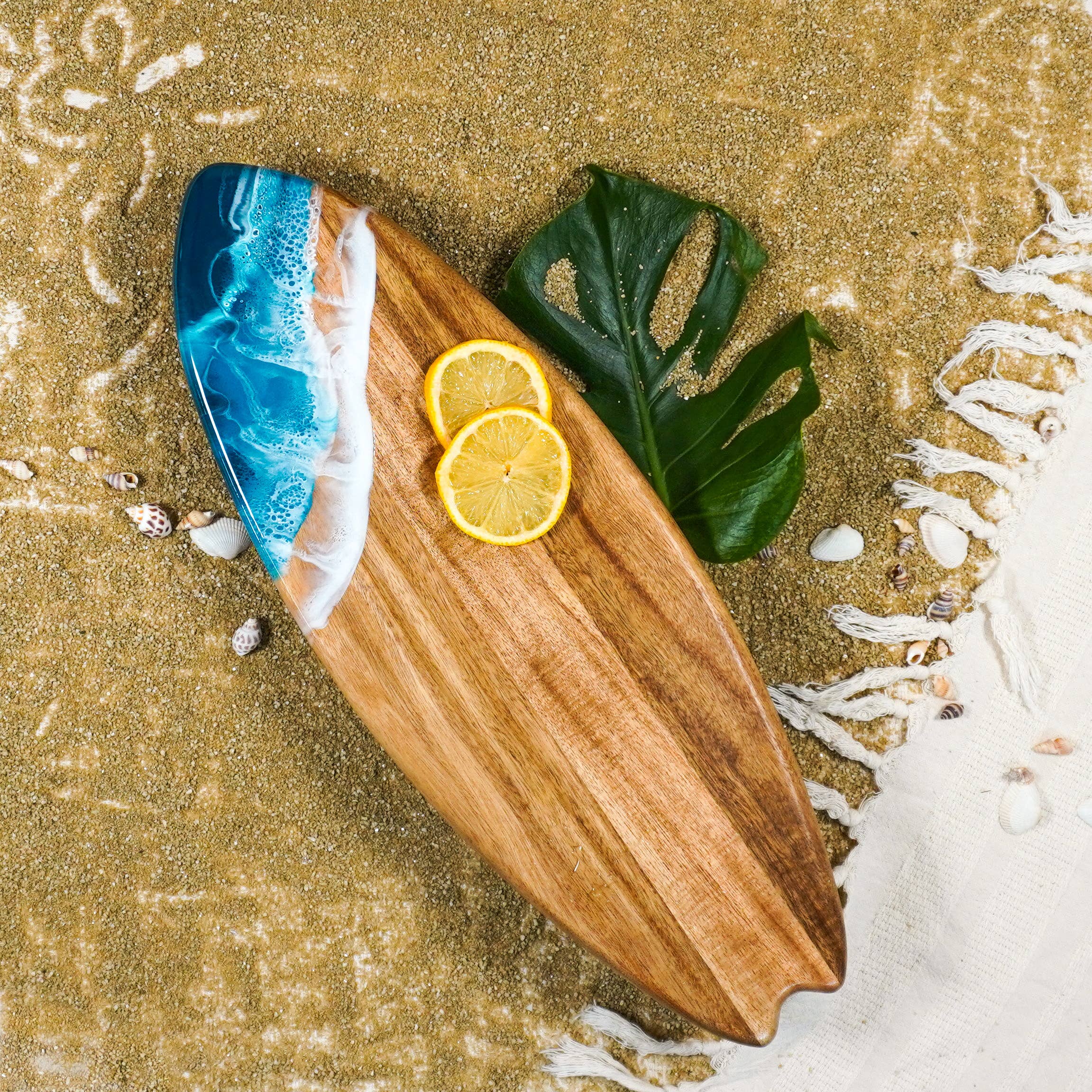 Resin-Accented Surfboard Shaped Charcuterie Board