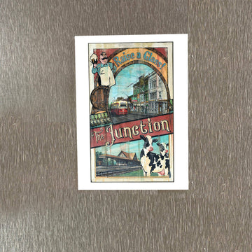 The Junction Toronto Fridge Magnet by Rob Croxford - Handmade Canadian fridge magnet featuring vintage Junction Toronto scenes, unique gift idea.