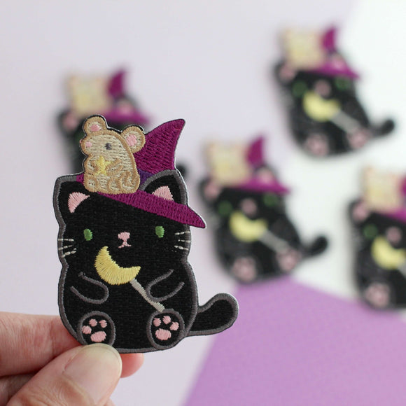 Witch Black Cat w/ Mouse Familiar Embroidered Iron on Patch