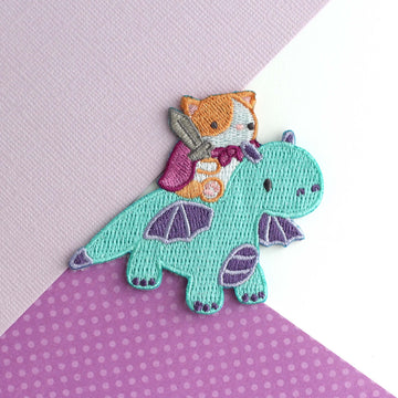 Cat Riding Dragon Embroidered Iron On Patch