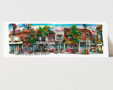 Mount Pleasant Neighbourhood Toronto Poster - Colorful handmade Mount Pleasant Neighbourhood Toronto poster with vibrant storefronts, unique Canadian gift art.