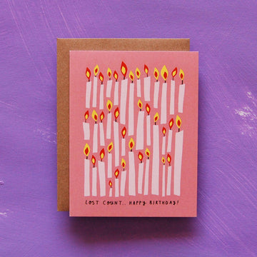Lost Count Birthday Card - Handmade Canadian birthday card with 23 lit candles and "Lost Count Happy Birthday" text, unique gift design.