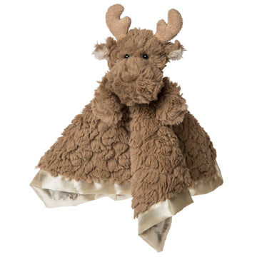 Putty Nursery Character Blanket - Moose - Soft brown moose nursery blanket with textured fabric and creamy satin trim, unique handmade Canadian gift.