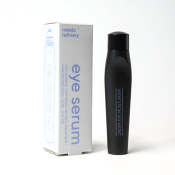 Eye Roller Serum  Brighten/Soften/Moisturize - Black sleek eye roller serum bottle with handmade Canadian branding next to white and blue unique gift box.