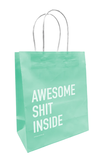 Awesome Shit Inside Gift Bag - Mint green handmade Canadian gift bag with white twisted handles and bold white text reading "AWESOME SHIT INSIDE".