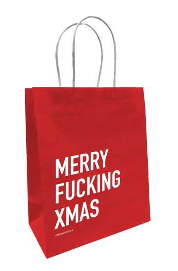 Fucking Xmas Gift Bag - Red handmade Canadian gift bag with white "Merry Fucking Xmas" text and white twisted handles.