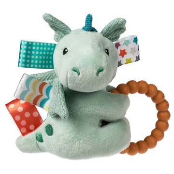 Taggies Teether Rattle - Drax Dragon - Soft green dragon teether rattle with textured wings, colorful fabric tags, and wooden bead ring, unique handmade Canadian.