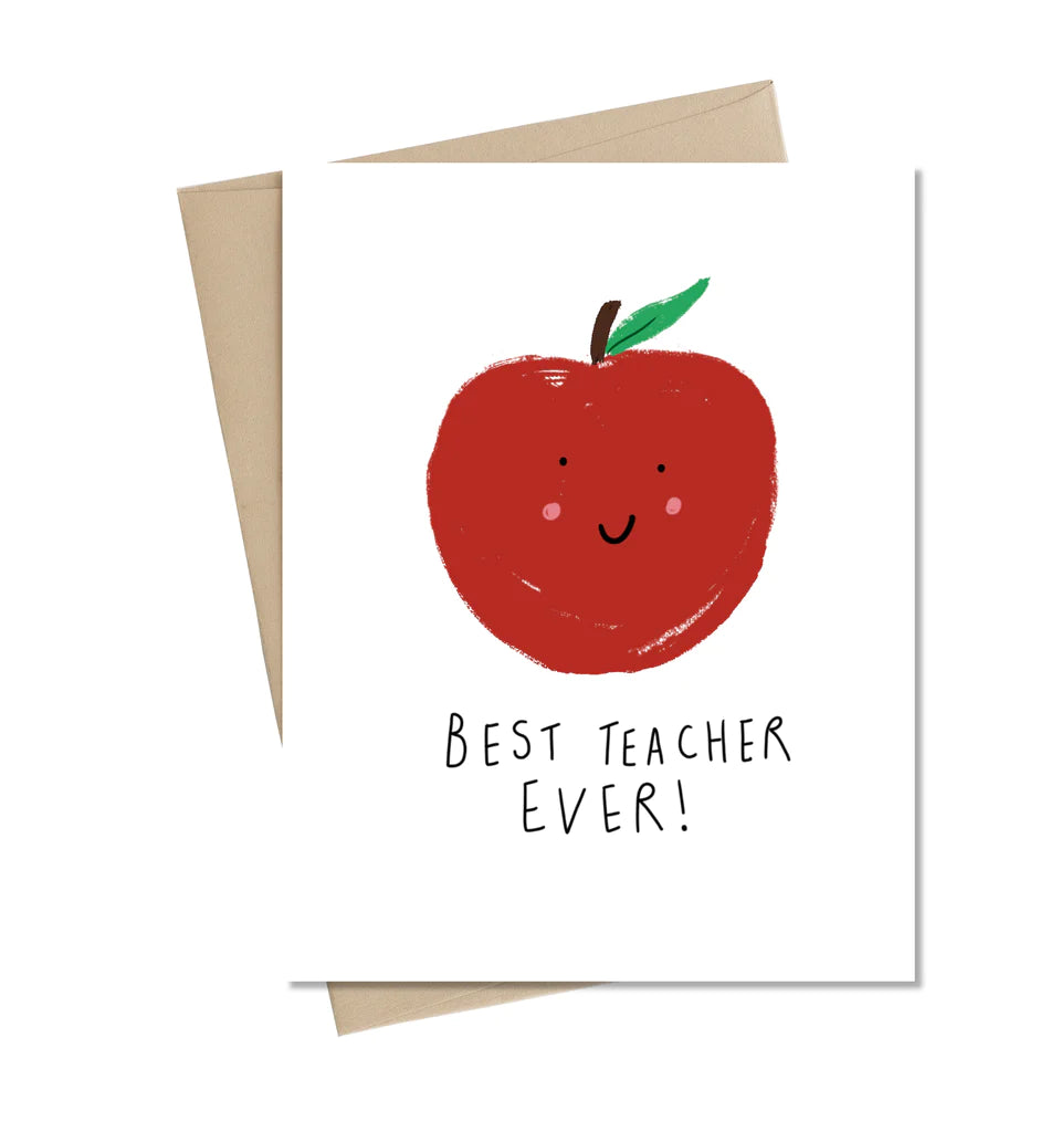 A white card with a red apple with a smiley face on it and the words "Best Teacher Ever!"