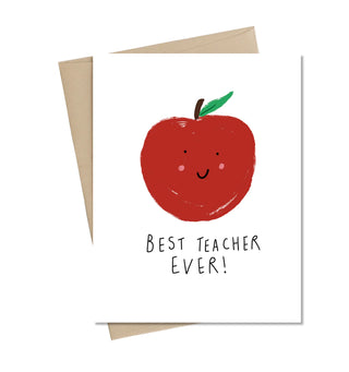 A white card with a red apple with a smiley face on it and the words 
