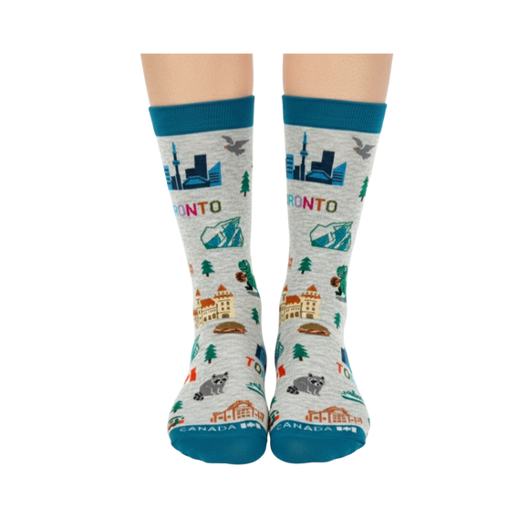 Women's Toronto Canada Crew Socks with City Skyline Landmarks and Travel Icons