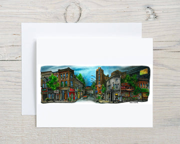 The Junction Note Card Box Set - Handmade Canadian note card featuring The Junction neighborhood colorful street scene, unique gift with envelope.
