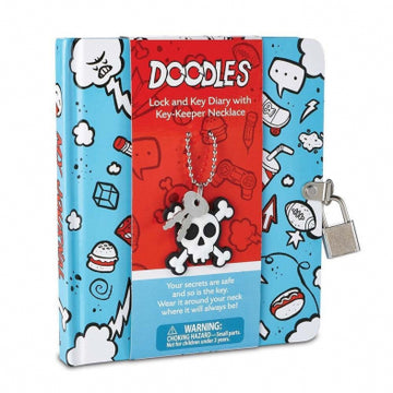 Doodle Diary With Key-Keeper Necklace - Handmade Canadian Doodle Diary with lock and skull-and-crossbones key-keeper necklace, unique gift for kids back to school.