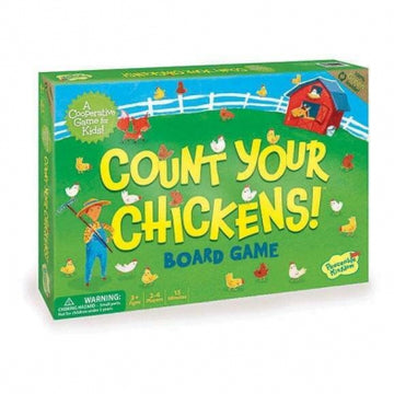 Count Your Chickens Game - Count Your Chickens! board game box with bright green, yellow text, and farm-themed illustrations, unique handmade Canadian.