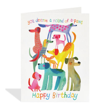 Round of A-Paws Card - Colorful, handmade greeting card with playful dog illustrations and "Happy Birthday" text.
