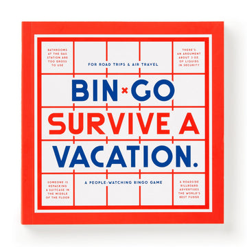 Bin-Go Survive a Vacation Bingo Book - Red and white handmade Canadian bingo book titled Bin-Go Survive a Vacation, unique gift for grown ups.