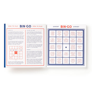 Bin-Go Survive a Vacation Bingo Book - Open Bin-Go Survive a Vacation Bingo Book showing bingo instructions and a bingo card in blue and orange, a unique handmade.