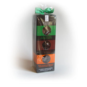 Dark Chocolate Collection Shortbread Gift Set | Sprucewood Handmade Cookie Co - Stacked gift set of three handmade Canadian shortbread cookie boxes in dark chocolate, raspberry, and lemon zest flavors,.