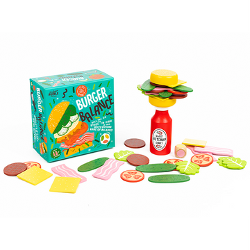 Burger Balance Game - Burger Balance Game with wooden burger pieces, ketchup bottle, and colorful toppings, unique handmade Canadian gift.
