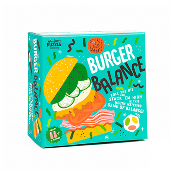 Burger Balance Game - Burger Balance Game box in teal with colorful burger illustration, unique handmade Canadian kids gift.