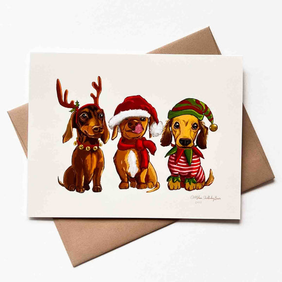 Three Dachshunds Christmas Card