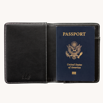 Black Floral Passport Cover - Black floral handmade passport cover with white stitching, unique Canadian gift design.
