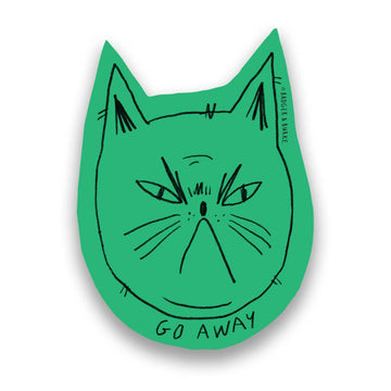 Snitty Kitty "Go Away" Sticker - Green cat-shaped sticker with grumpy face and "Go Away" text, unique handmade Canadian gift.