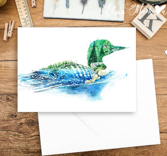 Gavia - Loon Lake and Forest Nature Love Watercolor Art Card
