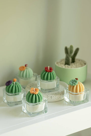 Barrel Cactus Tealight Candles - Handmade Canadian barrel cactus tealight candles in green with colorful flower accents, unique gift idea.