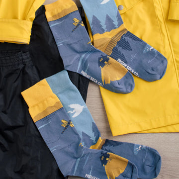 Women's Socks | Canadian Landscape | Great Lakes | Mismatched - Mismatched handmade women's socks with Canadian Great Lakes landscape in blue and yellow tones, unique gift.