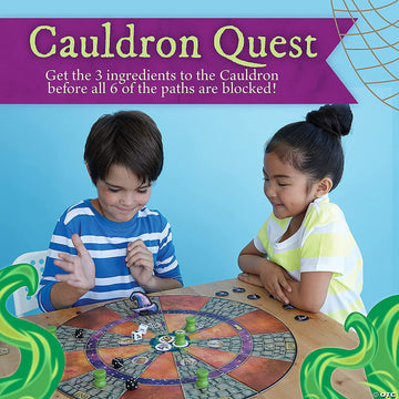 Cauldron Quest Game - Kids playing Cauldron Quest board game with colorful path and character pieces, unique handmade Canadian gift.